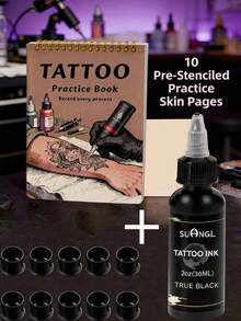 Tattoo Practice Kit - 10 Pre-Drawn Tattoo Practice Skin Sheets, 60ml True Black Tattoo Ink, 3 Black Basic Ink Cups, Suitable For Beginners And Artists - Multicolor - View 2