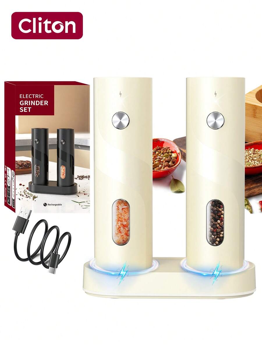 CLITON 電動鹽與胡椒研磨器－單件/雙件組可選，電池供電/可充電可選－自動研磨，附 LED 燈，單手操作，附燈光充電底座－聖誕派對、感恩節晚餐、新年慶祝與節日聚會必備