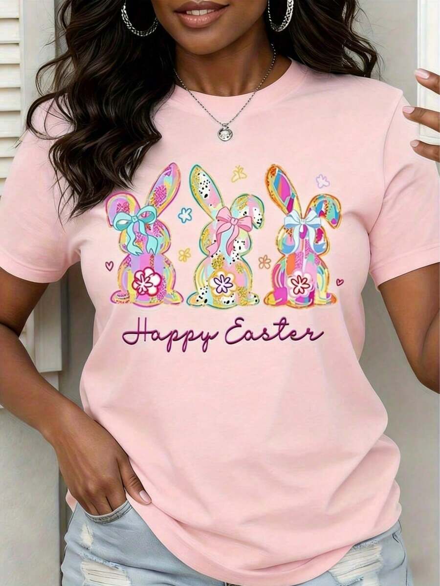 Women's Colorful Rabbit Easter Bunny T-Shirt, Spring Festival T-Shirt, Casual Daily Wear - Pink - View 1