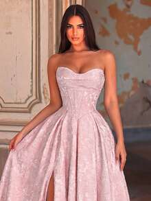 Elisanya Gaun Maxi Jacquard Tanpa Tali yang Elegan - Desain Dada Berlipit, Rok Mengembang, Cocok untuk Pesta Liburan Warna Pink - Berwarna merah muda - View 3