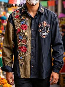 Camisa de manga larga para hombre con estampado de calaveras, ideal para un estilo casual o para ocasiones festivas. Camisa de secado rápido | Camiseta con diseño del Día de los Muertos - Azul - Ver 5