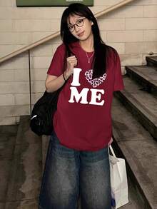 Love Print Short Sleeve T-Shirt, Casual Loose Versatile Fashion Top, New Summer Collection - Burgundy - View 1