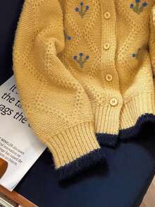 Women's Autumn/Winter Round Neck Vintage Preppy Style Crochet Soft Knit Cardigan Jacket Top, Casual Commute - Yellow - View 4