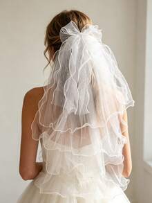 1 pièce Voile de mariée blanc à bord ondulé avec grand nœud, voile de mariée en tulle multicouche avec détails perlés, voile court élégant, convient pour la mariée, la photographie de mariage - Blanc - Voir 1