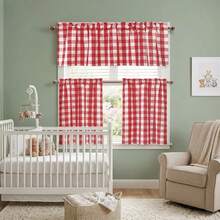 3 Panels Plaid Short Curtain, Holiday Atmosphere Decor Kitchen Coffee Short Curtain, Suitable For Restaurant Cafe Kitchen Laundry Room Partition Short Curtain - Red and White Plaid - View 1