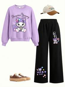 2pcs/Set Girls Outfit, Lucky Cat Forever Young Print Sweatshirt + Wide Leg Pants, Soft Casual Street Style - Mauve Purple - View 2