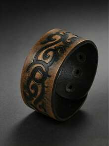 1pc Punk Vintage Star/Moon/Totem Embossed Leather Bracelet, Unisex Wide Wristband, Distressed Texture Adjustable Buckle, Street Style Fashion Accessory - Brown - View 5