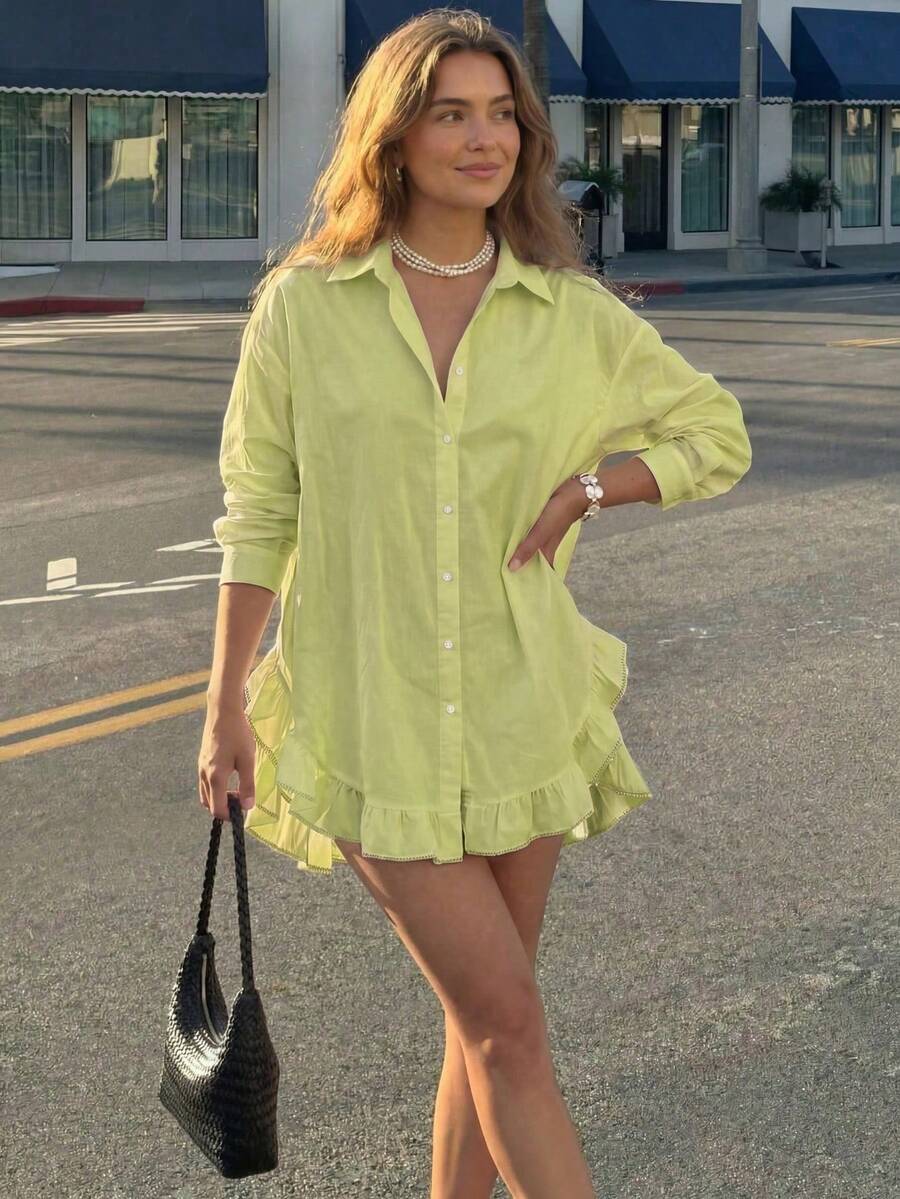 Blusa casual de primavera para mujer, unicolor, con botones delanteros y volantes, primavera/verano - Verde - Ver 1