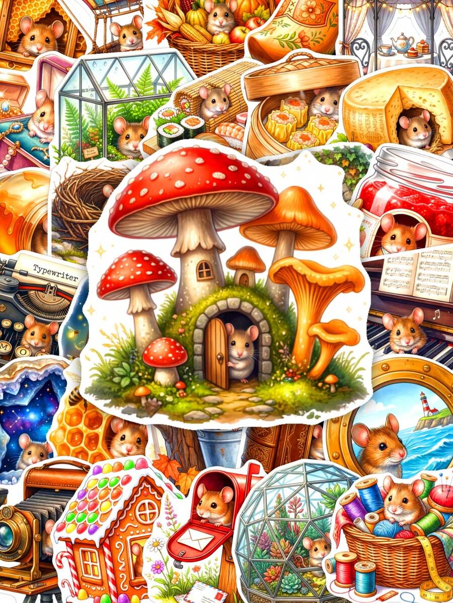 50pcs Fairy Style Country Style Mouse Stickers, Watercolor Waterproof Decals, Suitable For Junk Journal, Water Bottle, Laptop And Planner DIY Decoration - Fresh and Clean - View 1