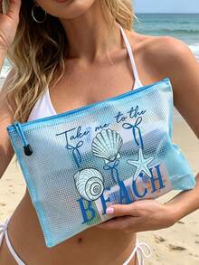 PVC 化妝包，多色防水時尚網格海灘包，印有「BEACH」海星圖案化妝包，海灘主題。大容量透明化妝包，尼龍拉鍊盥洗包，輕巧，可存放防曬霜、零食、比基尼和海灘必需品。春/夏收納，適用於游泳、度假、返校、宿舍日常使用 - 彩色 - 查看 5