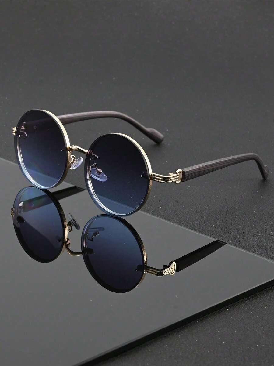 1 Pair Of Unisex Black Metal Round Glasses, Retro Punk Urban Style, Fashion Glasses, Suitable For Street Photography, Travel, Parties, Daily Use, Fishing, Camping, Summer Beach Holidays, Outdoor Activities, Trips - 金灰藍 - 查看 1
