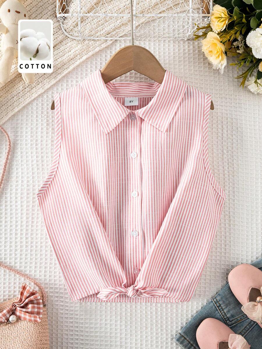 Tween Girl Casual Preppy Style Pink Cotton Striped Tie-Up Sleeveless Shirt, Suitable For Vacation, Gatherings, Group Activities - Pink - View 1