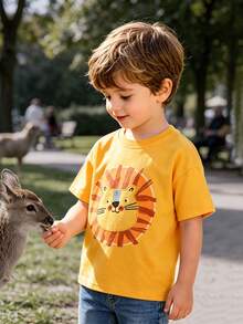 1pc Kids Casual Tiger Head Embroidery Graphic Round Neck Short Sleeve T-Shirt, Fashionable Spring/Summer - Yellow - View 1