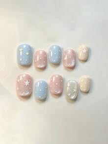 10pcs Pure Handmade Short Oval Press On Nails, Cute Pastel Starry Sky Style, Baby Blue & Pink Shimmer With White Star & Polka Dot Designs For Women And Girls, All-Season Daily, Festival And Party Wear - Multicolor - View 1