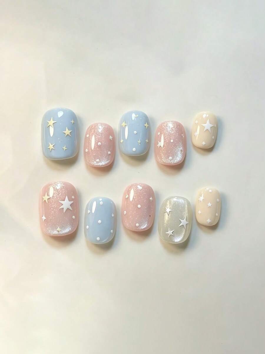 10pcs Pure Handmade Short Oval Press On Nails, Cute Pastel Starry Sky Style, Baby Blue & Pink Shimmer With White Star & Polka Dot Designs For Women And Girls, All-Season Daily, Festival And Party Wear - Multicolor - View 1