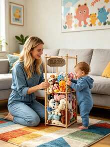 Jaula de almacenamiento de animales de peluche de madera, estantería organizadora de muñecas, estante de almacenamiento de juguetes para bebés para juguetes de peluche, ropa y libros, soporte de exhibición cuadrado para la habitación de los niños - Multicolor - Ver 9