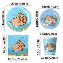 50pcs Cute Cartoon Summer Blue Swimming Capybara Dolphin Theme Party Supplies Set - Cute Plate & Paper Cup Napkins, Birthday Party Supplies, Baby Baptism, Festival Party Supplies, Friends' Party And Theme Celebration Party Decoration Essential Items - A - View 2