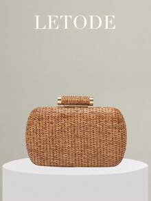 Mini Minimalist Braided Design Straw Bag,Perfect For Summer Beach Travel Vacation, Straw Bag - Coffee Brown - View 10