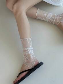 1 Pair Women's Lace Jacquard Stirrup Socks, Breathable Vintage Leg Warmers - Multicolor - View 12