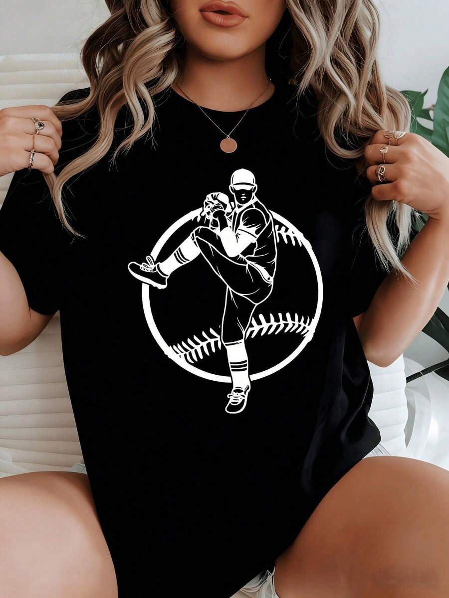 NewSummerCasualIllustration Of A Baseball Pitcher Showing Strength And Focus Inside A Ball Symbolizing Determination And Sporting Passion, Women's T-Shirt 100% Cotton-Vintage Street - 黑色 - 查看 1