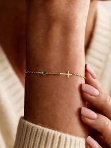 1pc Personalized Name Cross Bracelet With Birthstone, Delicate Gold Cross Bracelet, Mother's Day Gift, Customized Name Bracelet, Easter Gift, Personalized Gift, Customized Gift, Gift For Loved Ones, Gift For Partners, Personalized Birthday Flower, Anniversary Gift - Multicolor - View 7