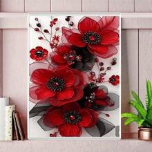 DIY 全鑽鑽石畫套組 優雅紅色網格花卉設計,水鑽繪畫畫布套件,適用於客廳臥室牆面掛飾,手工藝愛好者的手工禮物 - 圓鑽 - 查看 3
