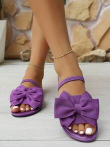 Women's Fashion Summer Leopard Print Bow Flat Sandals, Versatile Casual Vacation Beach Shoes, Elegant Footwear - Purple - View 4