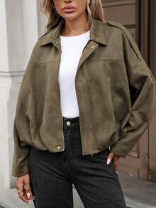 Women's Faux Suede Fashion Elegant Jacket, All-Season Lapel Front Button Flight Short Coat Fall - Green New - View 4