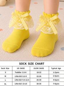 1 Pair Girls' Ruffle Lace Bow Short Socks, Princess Style Frill Baby Socks - Yellow - View 4