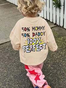 Infant Girls Long Sleeve T-Shirt, 100% Perfect Mom Dad Print, Soft Casual Playwear - Apricot - View 7