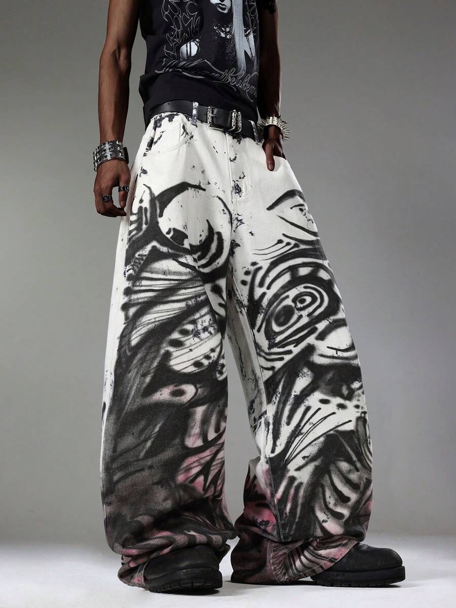 Herren Street Dark Style chinesische Tuschemalerei Weite Beine Jeans, personalisierter Digitaldruck, modische lockere lange Hose (Gürtel & Accessoires nicht enthalten) - Weiss - Übersicht 1