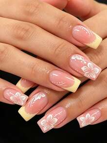 Show Your Beauty 24片夏季中式優雅涼爽奶油黃條紋法式白花波點線條裸粉色亮面亮澤美白假指甲 時尚百搭穿戴式指甲 適合約會派對 春夏秋冬女性與女孩日常配戴 可拆卸穿戴式指甲組含果凍膠與指甲銼條 易穿戴耐用 果凍膠隨機發貨 - 黃色 - 查看 2
