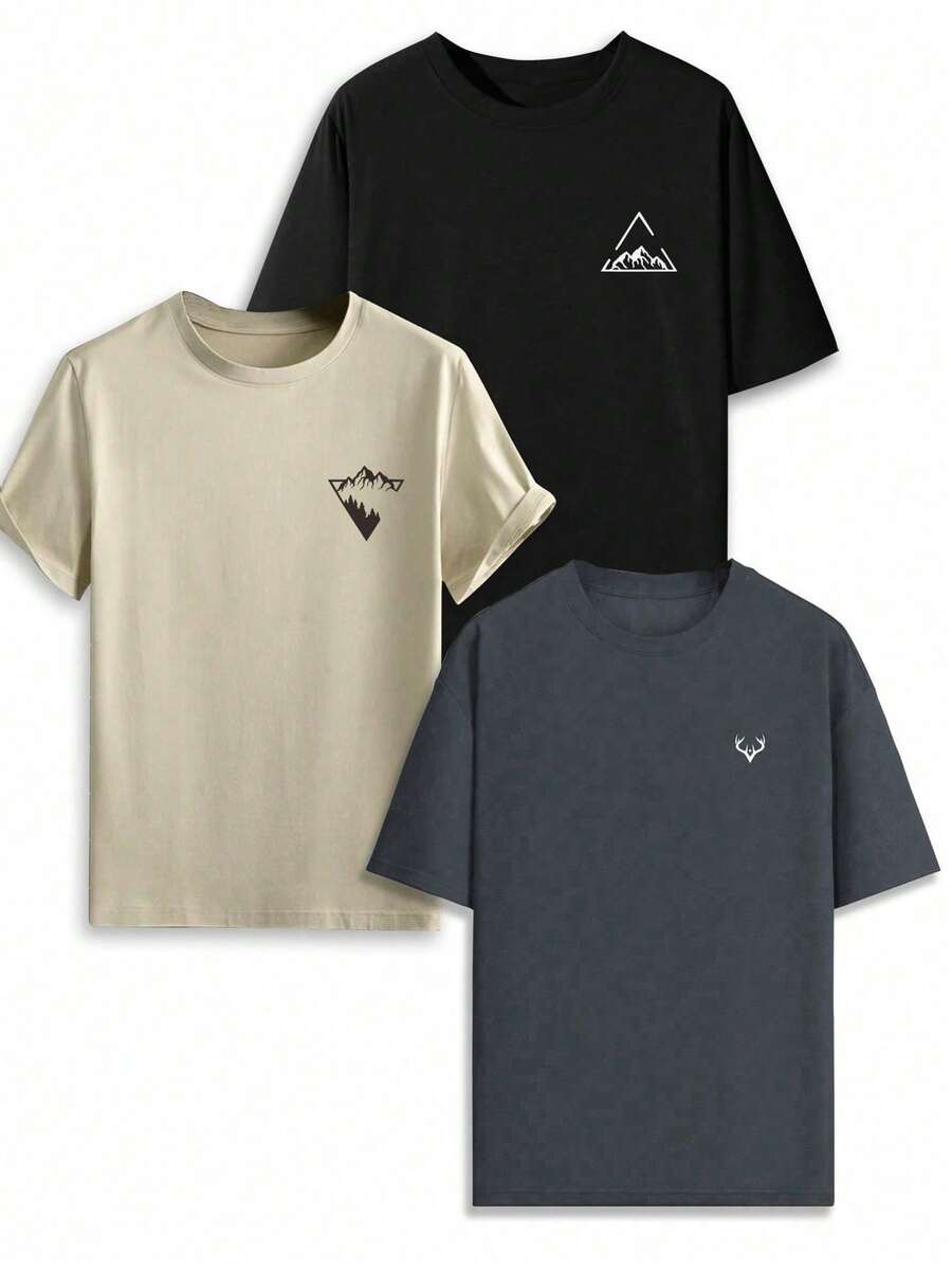 3pcs/Set Men's Summer Pattern Print Crew Neck Short Sleeve Casual T-Shirt - Multicolor - View 1