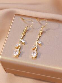1 Pair (2pcs) Elegant Leaf & Rose Flower Colorful Shiny Zirconia Leaf Earrings, Golden Eternal Love Energy Jewelry, Suitable For Women's Daily, Date, Wedding Bridesmaid Wear, Great Gift For Bride, Valentine's Day, Mother's Day - Gold - View 16