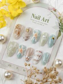 10pcs Hot-Selling Almond-Shaped Beach Wearable Nails, 3D Jellyfish & Starfish High-End Seashell Fake Nails, Suitable For Girls' Summer Vacation, Daily Wear, Outings, Holiday Parties, Birthday Gatherings And Other Occasions, Removable And Reusable - Multicolor - View 7