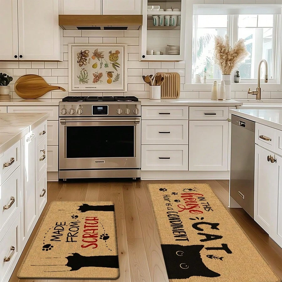 1pc, Home Decor, Cat Pattern Print, Linen Kitchen Rug, Kitchen Mat, Floor Mat, Bathroom Mat, Door Mat, 3D Print Rectangular, Suitable For Living Room, Bedroom, Hallway, Bathroom, Laundry Room - Polyester Carpet, Suitable For Indoor And Outdoor Home Decor - Multicolor - View 1