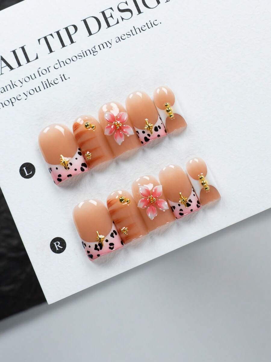 10 pièces 100% faites à la main, chacune avec une température artisanale unique, des différences subtiles créent un ensemble de faux ongles carrés courts pur fait main unique, réutilisables, peints à la main avec des pétales dégradés, style élégant et pur, 1 lime à ongles et 1 pièce de colle gelée pour ongles - Multicolore - Voir 1