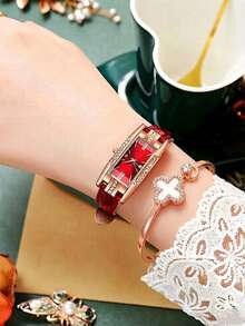 2 piezas/Set Reloj de cuarzo pequeño, esfera cuadrada con números romanos, reloj de vestir vintage + accesorios - Rojo - Ver 1