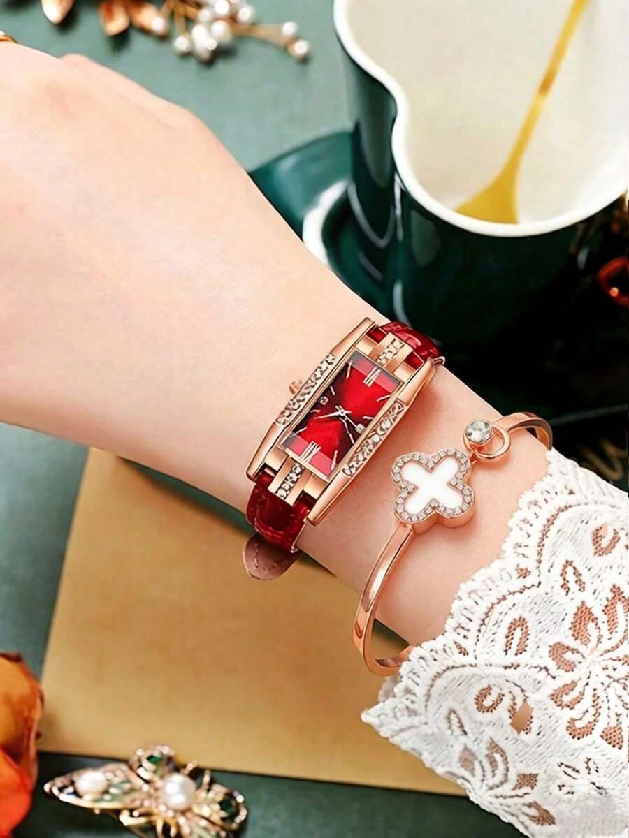 2 piezas/Set Reloj de cuarzo pequeño, esfera cuadrada con números romanos, reloj de vestir vintage + accesorios - Rojo - Ver 1