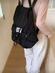 New Fashionable Multifunctional Large Capacity Backpack, Made Of Fashionable Plaid Nylon Material. Features Multiple Pockets, Waterproof, Lightweight, Foldable Drawstring Design, Letter Patch. Suitable For Travel, School Supplies, Portable, Classic Casual Style. Perfect For Women, Teenagers, And Primary/Secondary School Students For School, Outdoor Activities, And Various Occasions. - Black - View 8