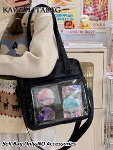 Y2K 2026新款女款痛包，附PVC透明口袋徽章展示板，單肩斜背包，女生學生後背包，JK娃娃包 - 黑色 - 查看 2
