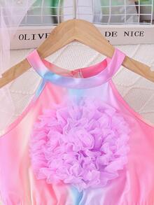 2pcs/Set Summer Girls Tie-Dye Gradient Handmade Flower Decor Camisole Top And Pleated Long Pants Outfit - Pink - View 6