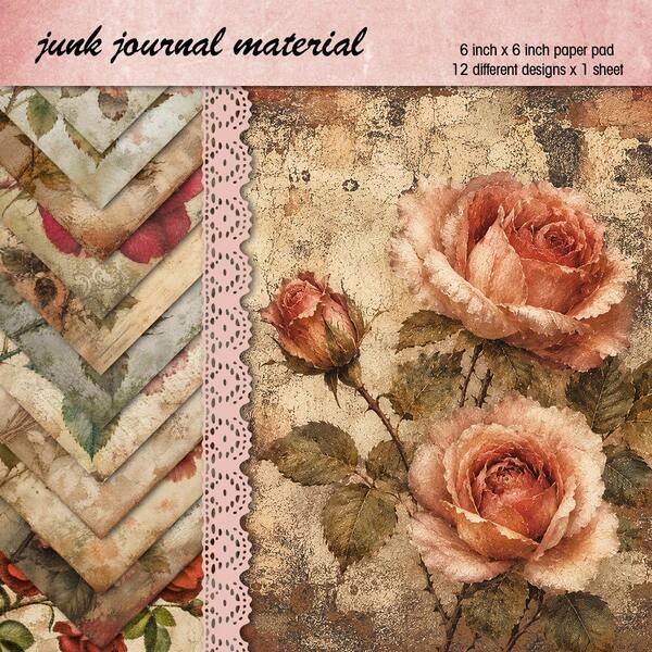 12 pièces Papier de scrapbooking floral esthétique victorien, bloc de papier rose rétro grunge, papier de papeterie botanique chic shabby pour journal, papier d'emballage cadeau, fournitures de fabrication de cartes DIY