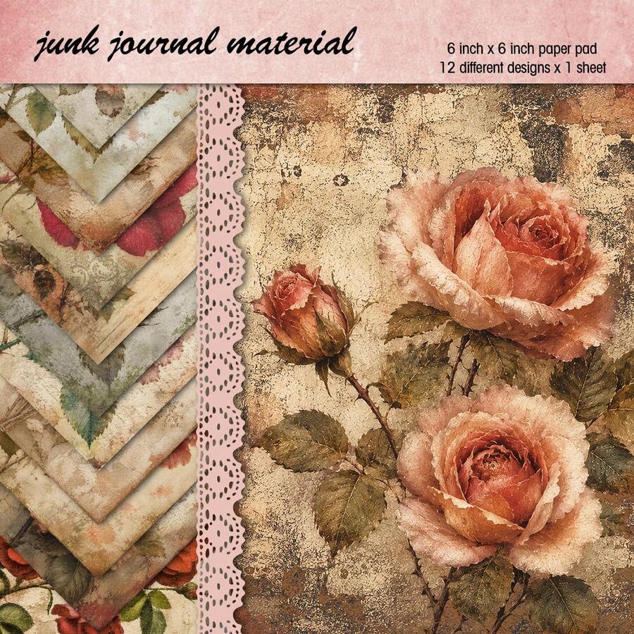 12pcs Victorian Aesthetic Floral Scrapbook Paper, Retro Grunge Rose Paper Pad, Shabby Chic Botanical DIY Stationery Paper For Journal, Gift Wrapping Crafting Paper, DIY Card Making Supplies