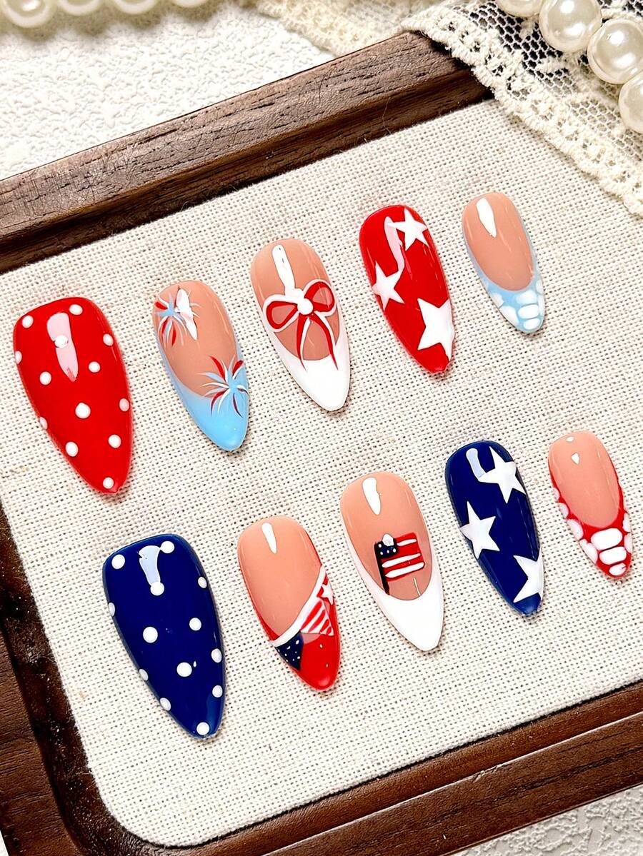 10Pcs Short Almond Handmade Press On Nails, 4th Of July False Nails, Featuring Red White Blue Patriotic Design, Star Polka Dot, Fireworks & American Flag Details. Artificial Nail Tips For Women Girls, Great Gift For Ladies Nail Supplies - Multicolor - View 1