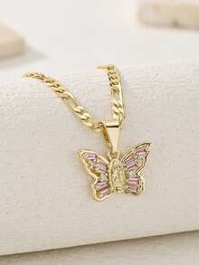 1 Peça Pingente de Borboleta Rosa com Zircônia, Pingente de Borboleta da Virgem Maria, Pingente Religioso, Pingente de Oração, Combinado com Colar de Clipe Duplo, Pingente de Pedra Preciosa Cintilante, Adequado para Mulheres e Meninas Usarem em Ocasiões Diárias ou Festivas, Decoração - Ouro amarelo - Visão 1