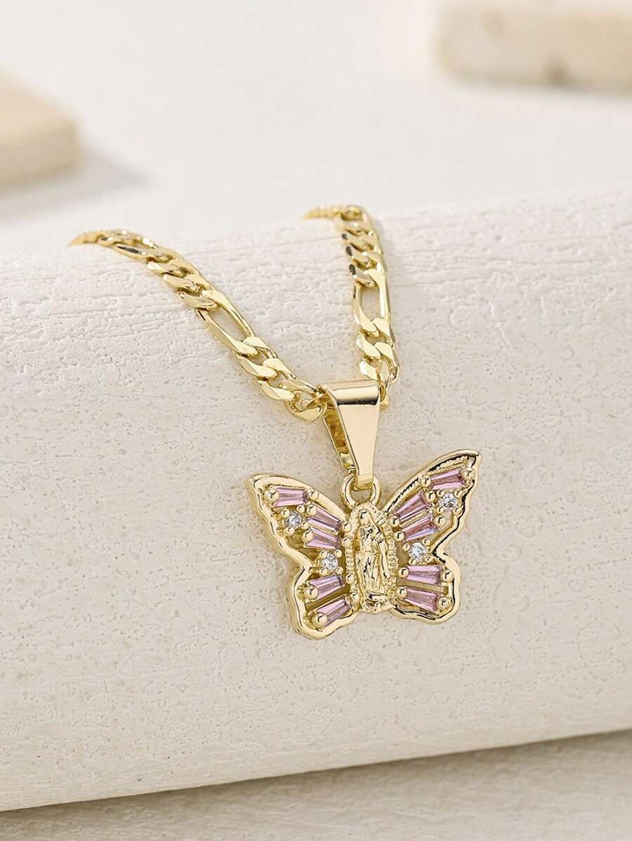 1 Peça Pingente de Borboleta Rosa com Zircônia, Pingente de Borboleta da Virgem Maria, Pingente Religioso, Pingente de Oração, Combinado com Colar de Clipe Duplo, Pingente de Pedra Preciosa Cintilante, Adequado para Mulheres e Meninas Usarem em Ocasiões Diárias ou Festivas, Decoração - Ouro amarelo - Visão 1