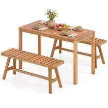 3 Pieces Acacia Wood Patio Dining Set Outdoor Rectangular Table And Benches With Slatted Seats-XY418686 - FXC7F3B9Z7B8R0 - View 4