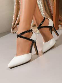 Sapatos de Salto Alto Ultra Elevado para Mulher com Fivela de Strass e Tira, Decote Baixo, Salto Agulha, Biqueira Pontiaguda, Brancos - Branco - Ver 2