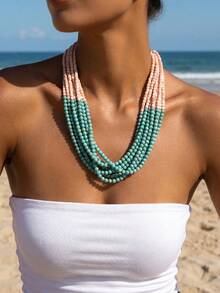 1pc Multi-Layer Pink & Blue Color Block Beaded Necklace, Bohemian Style Layered Choker, Women's Vacation Beach Versatile Accessory Pant Chain Cute Core - Pink and Blue Color Blocking - View 1